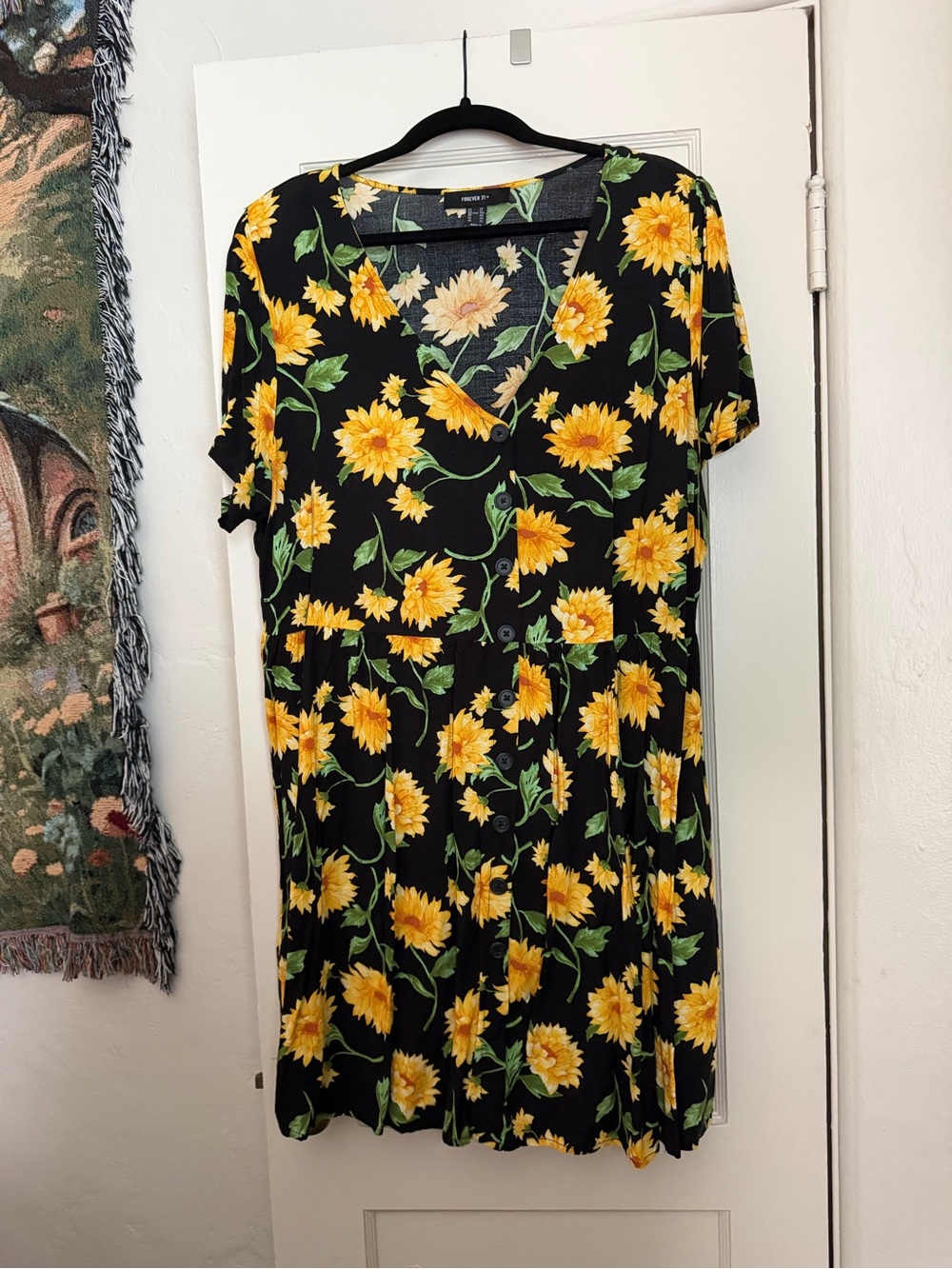 Forever 21+ Black v neck button front sunflower mini dress